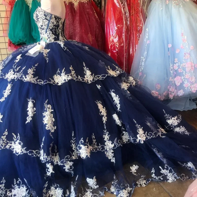 

Saudi Arabic Real Photos Navy Blue Quinceanera Dress 202 Appliques Lace Ball Gown Sweet 15 16 Years Birthday Party Gown Proms