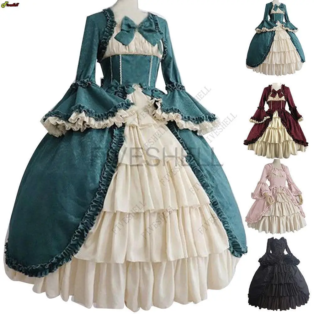 Women Medieval Retro Gothiced Court Lolita Dress Royal Lady Ball Costume Dress Square Neck Tight Waist Bowknot Elegant Vestido