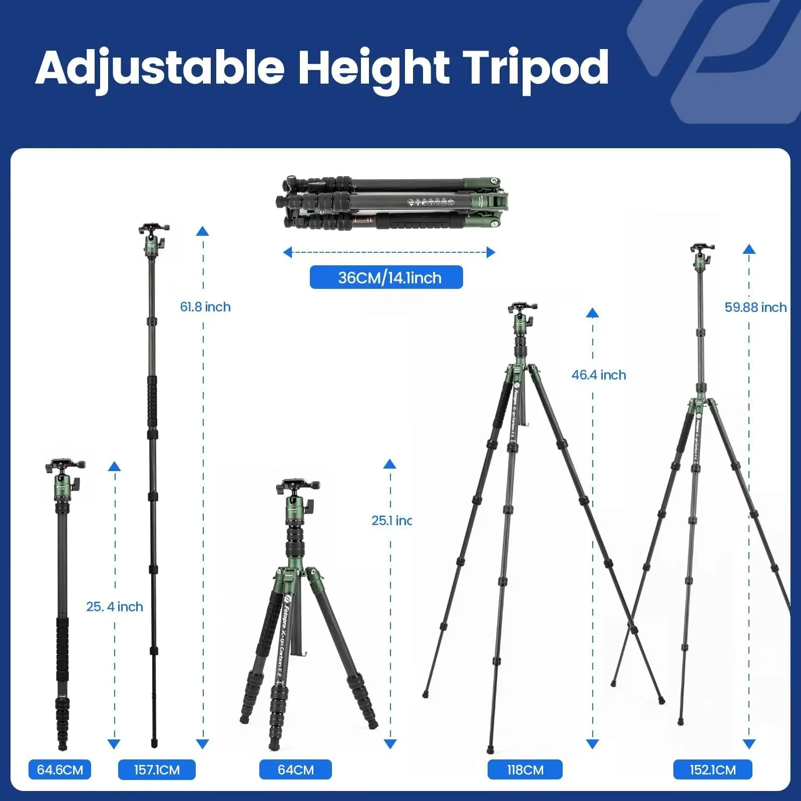 Fotopro 59" Carbon Fiber Travel Tripod Compact Camera Tripod for DSLR Smartphone Maxload 8KG X-GO E2 4 Fotopro 59" Carbon Fiber Travel Tripod Compact Camera Tripod for DSLR Smartphone Maxload 8KG X-GO E2 - Image 4