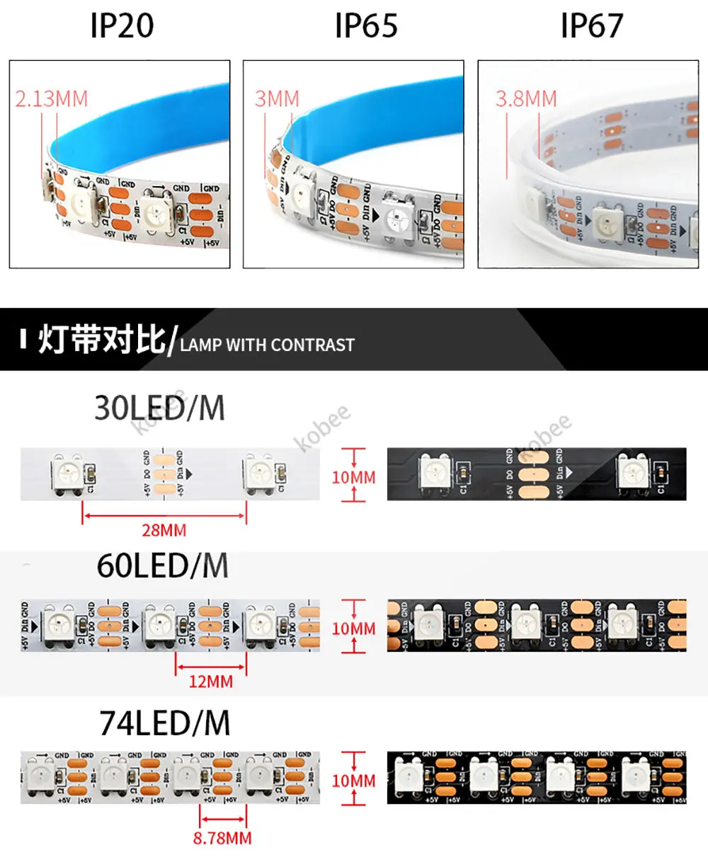 MM WS2812B Addressable Pixel Led Strip RGB LED Strip 30/60/74