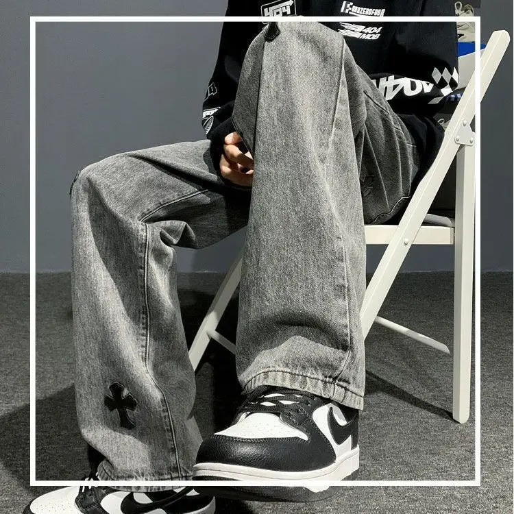 New cross print jeans for men American High street vibe trend all-in-one straight pants 6
