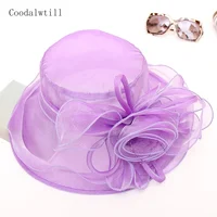 New Women Elegant Summer Organza Hat Bow Flower Sun Hat Wide Brim Fascinator Wedding Headwear Female Derby Travel Event Chapeau 5