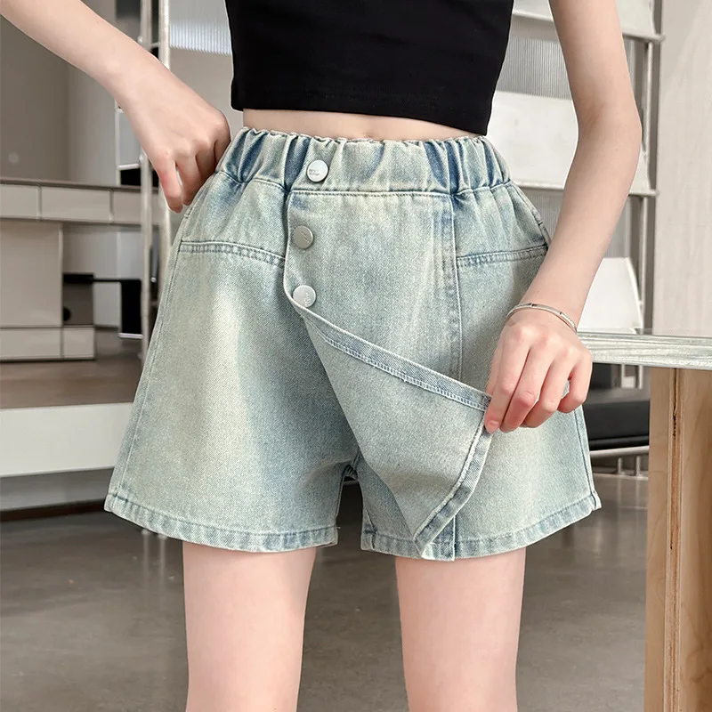 Girls Denim shorts Skirt Summer Children's Culottes Teenager Kids Casual Pantskirt Checkerboard Button Trouser Skirts