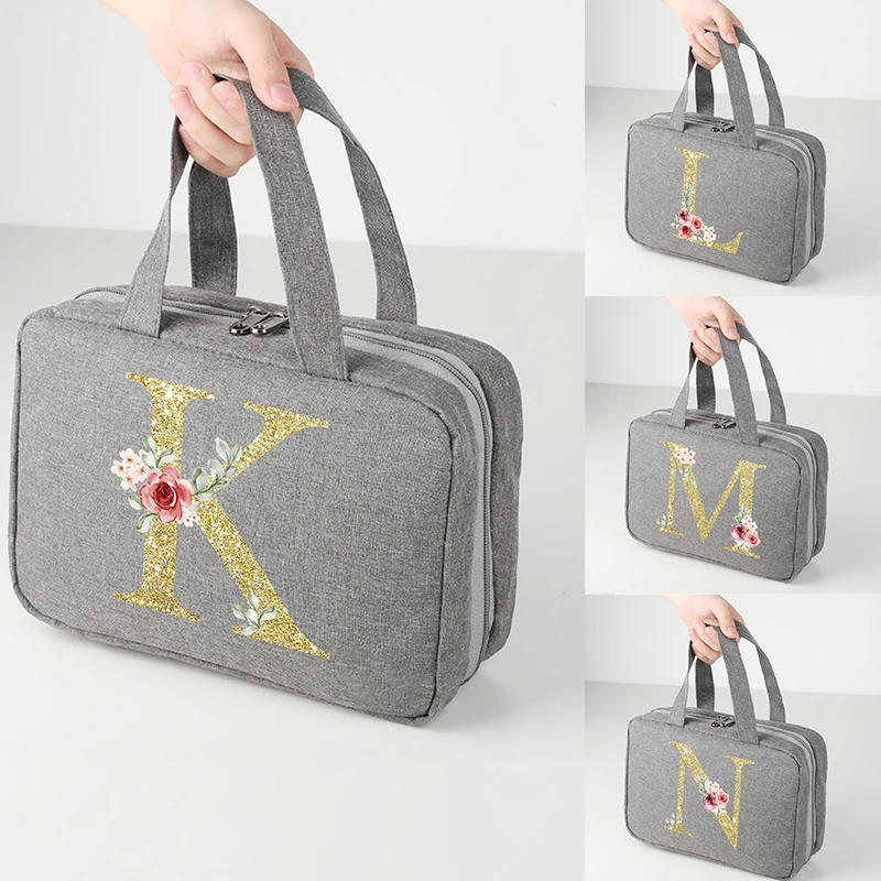 Golden letter printed travel waterproof foldable dry wet separation wash bag with large capacity cosmetic storage bag