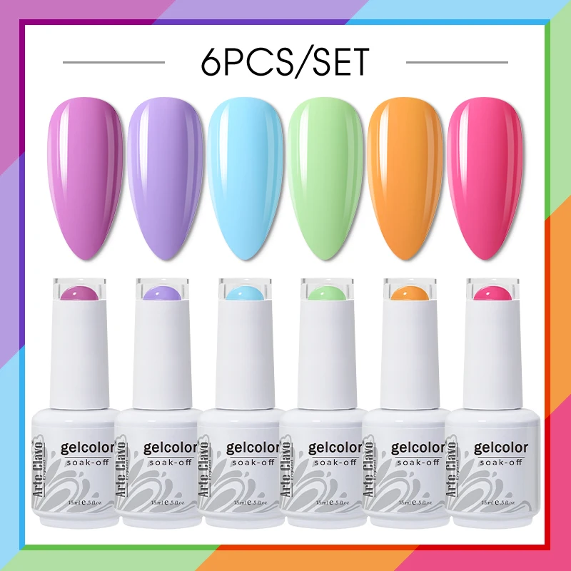 Arte Clavo UV 네일 젤 광택제, 반영구 매니큐어 네온 캔디 네일 아트, 15ml 컬러 바니시 소크 오프 젤, 세트당 6 개