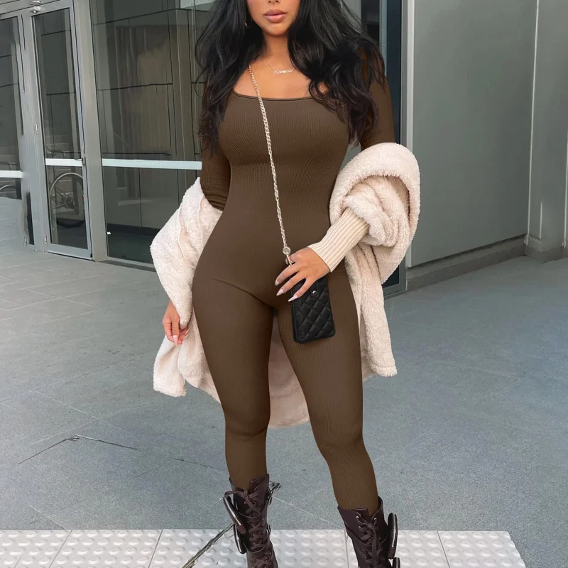 Sexy Tight Jumpsuits for Women Black One Piece Bodycon Rompers Ribbed Square Long Sleeve Overalls Fitness Yoga Jumper Mujer 