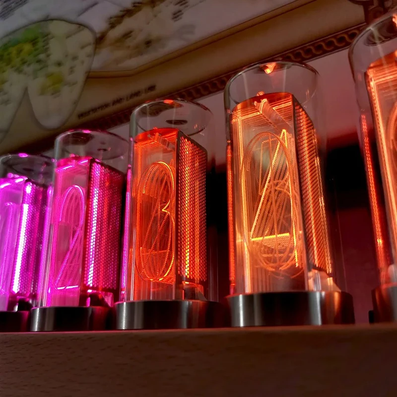 

D'ESIGN RGB-6BITS Simulated Glow Tube Clock LED Digital Gift Decoration Fate Stone Gate Solid Wood Base Home Decoration