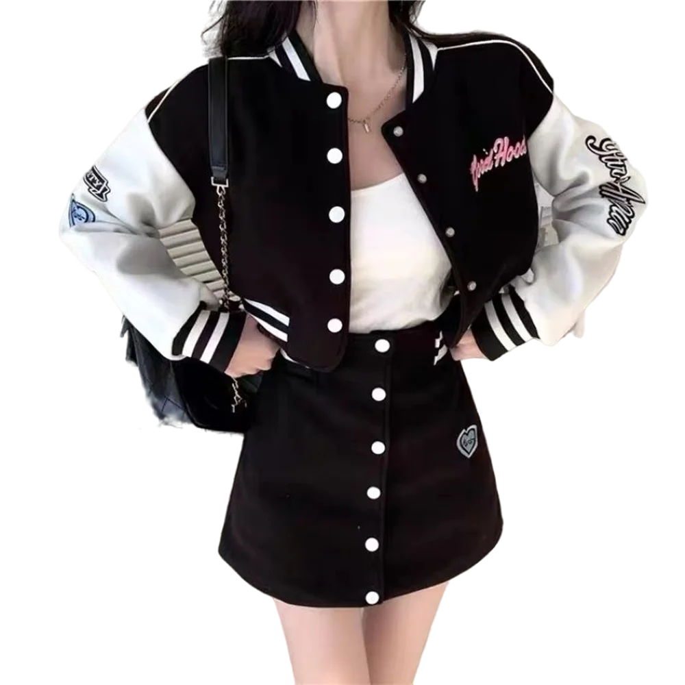 

2023 Women Sportswear Baseball Uniform 2 Piece Set Pink Letter Print Jacket Coat + Skirt Tracksuits Spring Fashion Clubwear