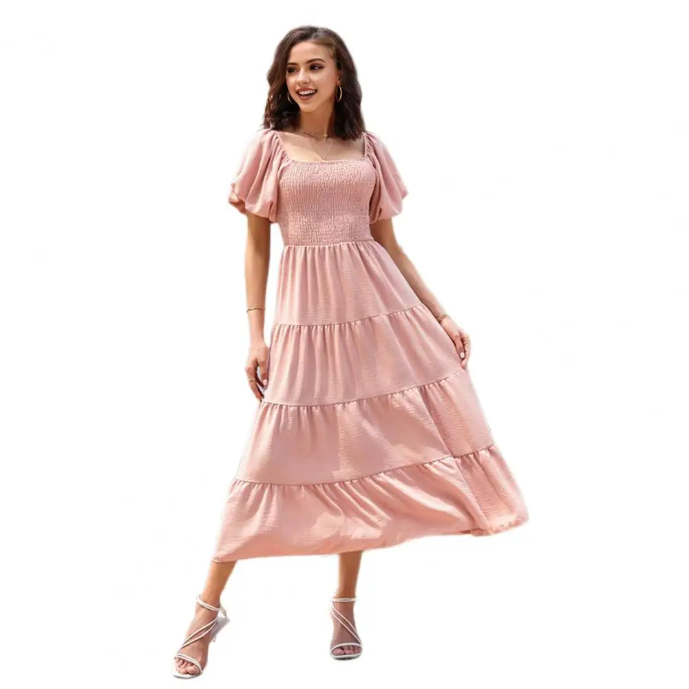 

Short Sleeve Big Swing Dress Elegant Square Neck Midi Dress with Bubble Sleeves Pleated Patchwork Detail Women's for Beach