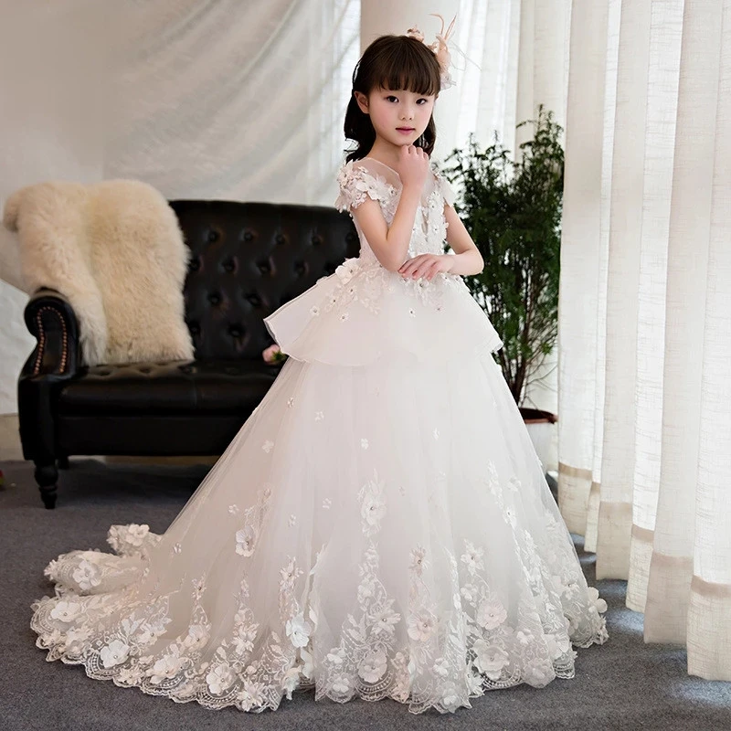 

Flower Girl Dresses Long Train Floor Length Princess Ball Gown Sleeveless Button Appqulies Tulle Beads With Bow TUTU