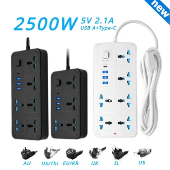 Universal Power Strip ซ็อกเก็ตไฟฟ้า 4 6 เอาต์LETS EU UK US AU KR ปลั๊ก 2500W พร้อม Usb Type-c 5V 2.1A สายต่อตารางซ็อกเก็ต 1