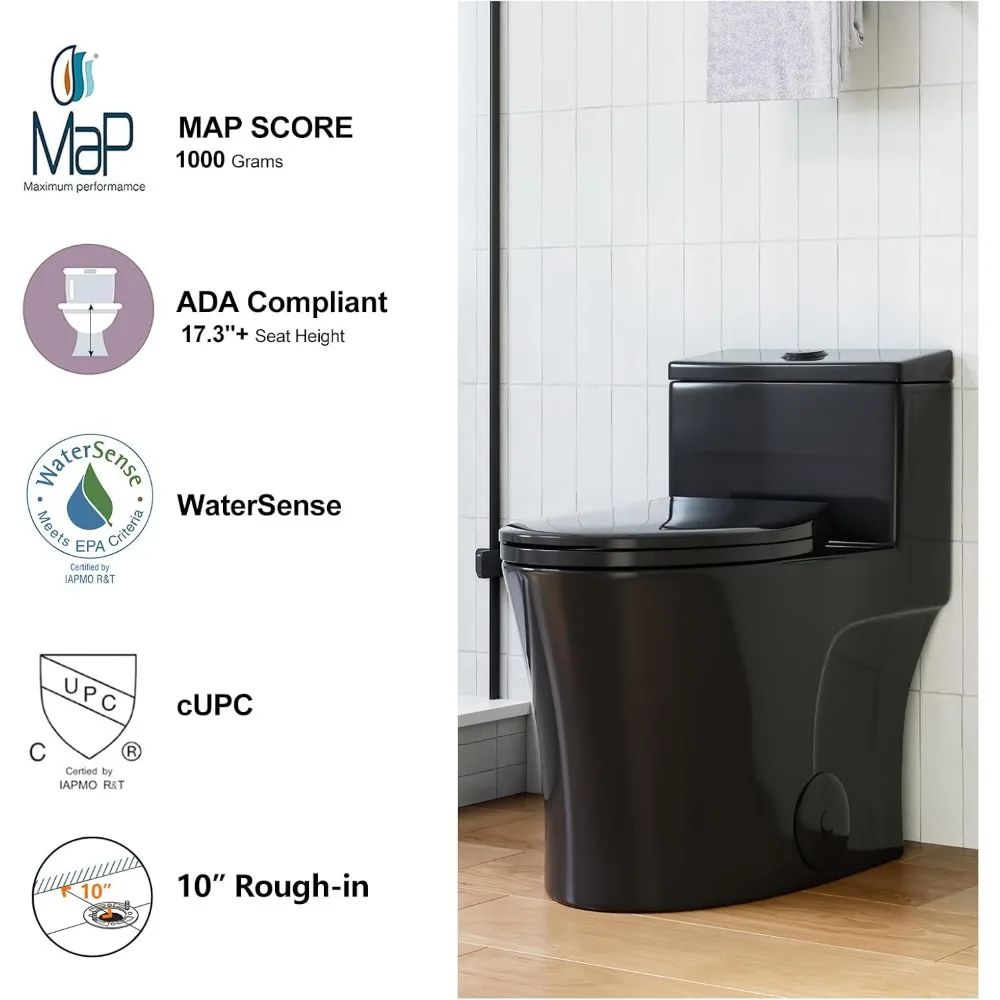 Elongated One Piece Toilet 10" Rough-in, Matte Black Toilets, Powerful Dual Flush Modern Toilet 5