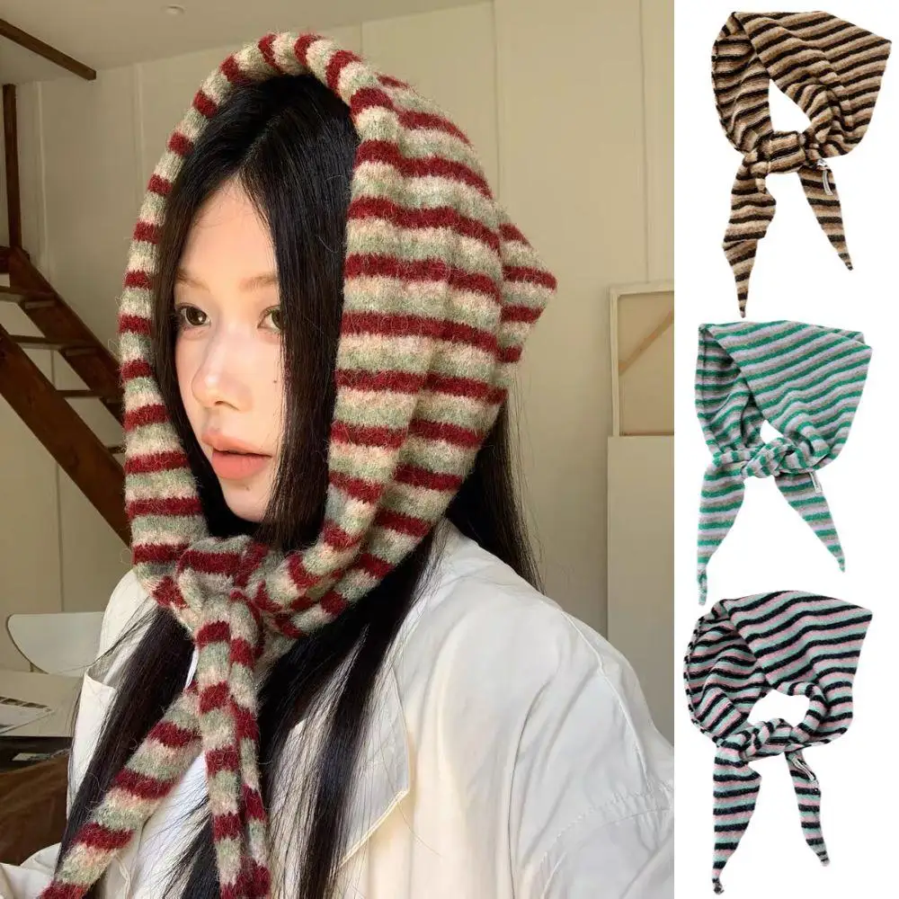 Fashion Versatile Striped Wool-blend Knit Triangle Scarf Korean Hood Scarf Shawl Winter Warm Neck Protection Scarf Neckerchief