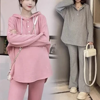 Spring and Autumn Hooded Long Sleeved Pregnant Women's Pants Two-piece Set Casual Maternity Sports Clothes Sets Plus Size Suits