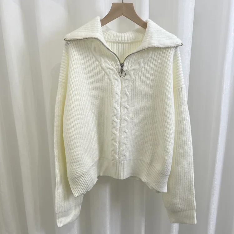 

Turn-Down Neck Zipper Pullovers For Women, White Color Oversize Jumpers, Winter Thick Sweater , Sweatshirt , ropa de mujer, Traf