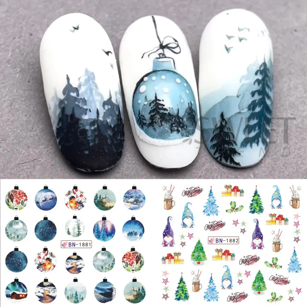 1/2 Sheets Christmas Nail Stickers Water Transfer Decals Holiday Cartoon Design Snowman Snowflake Sliders Manicure Decorations