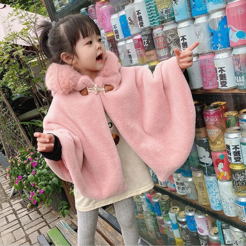 여아용 방풍 망토 숄 코트, 두꺼운 후드 재킷, 1-6 세 옷, 가을 및 겨울 의류