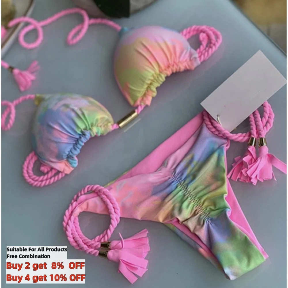 Wholesal Bikini Set 14 Solid Colors) S-XL Hand Braided Rope Swimsuit Two Piece Swimwear Lanyard Bathing Suit Beachwear