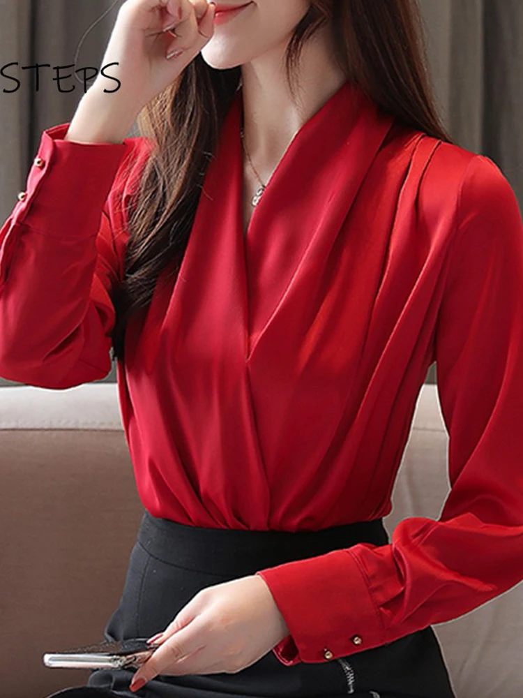 Blusas de satén con cuello en V profundo para camisas de gasa lisas elegantes para mujer, Tops de oficina para mujer, ropa blanca y roja de larga 2022 - AliExpress