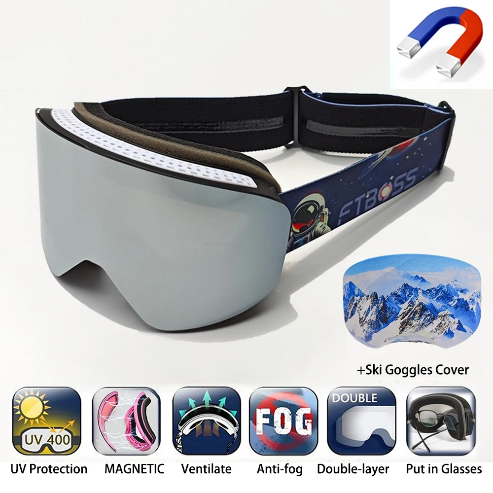 Ski Goggles Magnetic Double Layer Anti Fog HD Lenses Windbreak