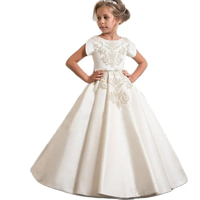 

Beautiful Gold Embroidery Ivory Flower Girl Dresses For Wedding O Neckline Elegant First Holy Communion Girls Dresses