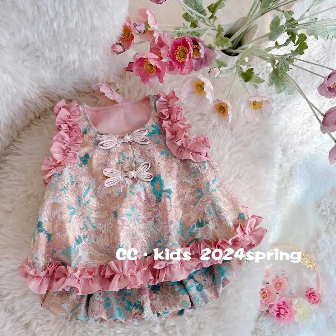 

2024 Summer Children Girls 2pcs Clothes Set Cotton Flower Printed Ruffle Sleeveless Tops Puffy Shorts Suit Kids Baby Girls Dress