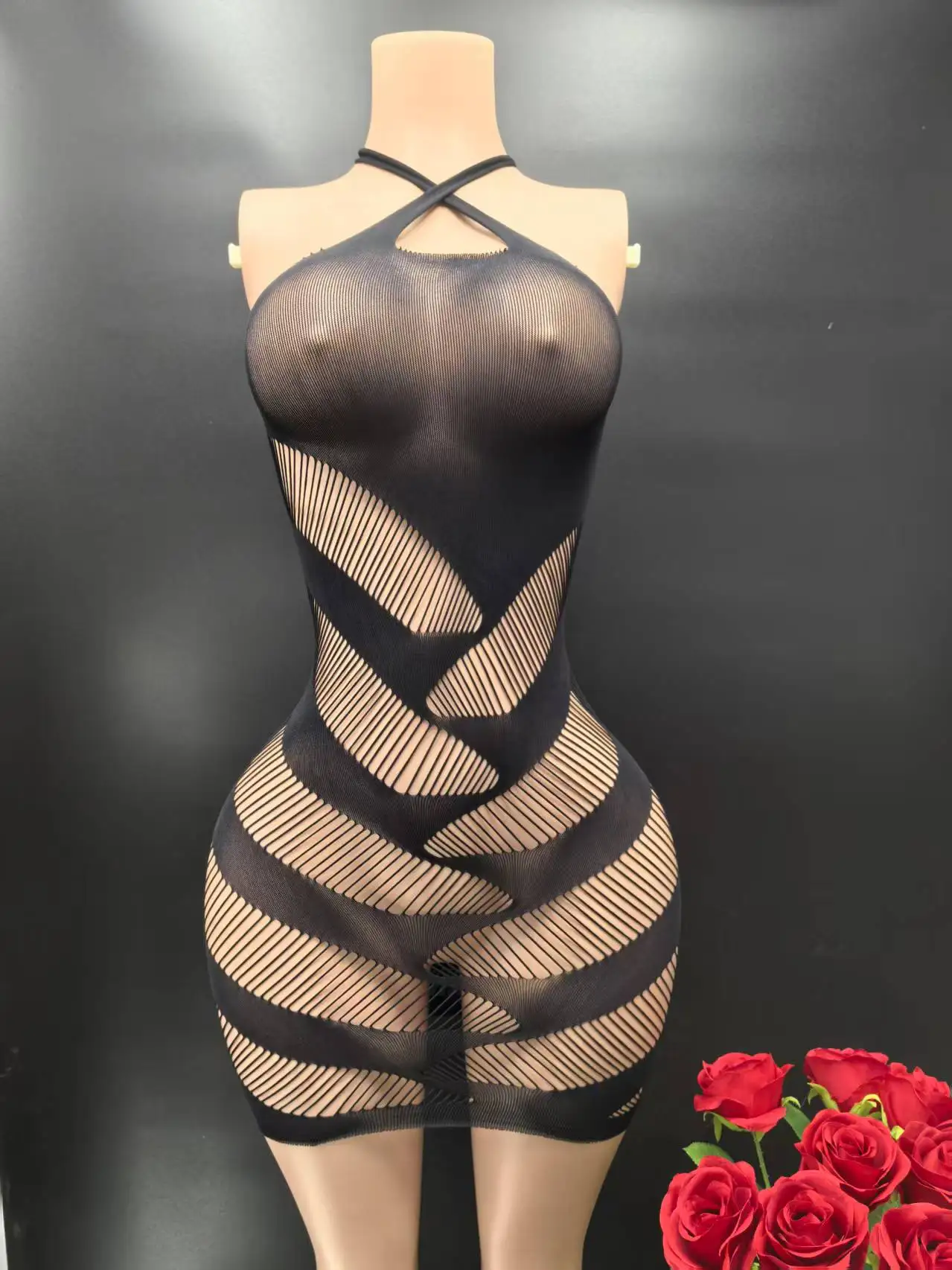 Sexy Women Beach Cover Fishnet Halter Backless Dress Mesh Tight Cute Dress Plus Size Mini Dress Night Club Dance Babydoll