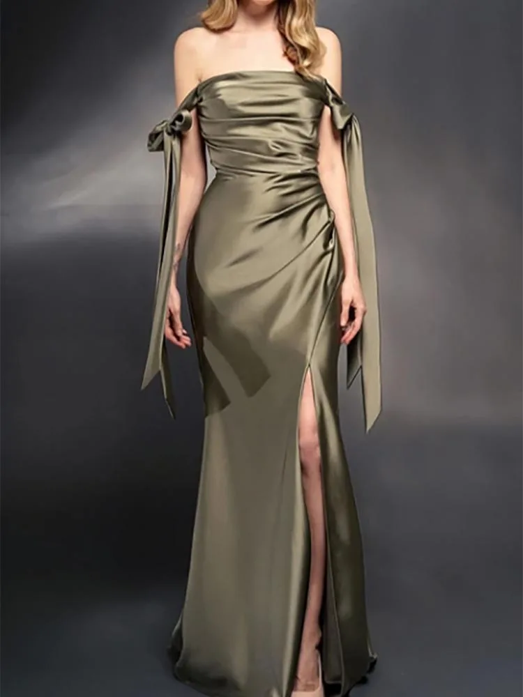

Off-the-shoulder Side-Draped Sheath Dress with Slit Front and Bow Formal Wedding Guest Evening Prom Dresses Summer 2023