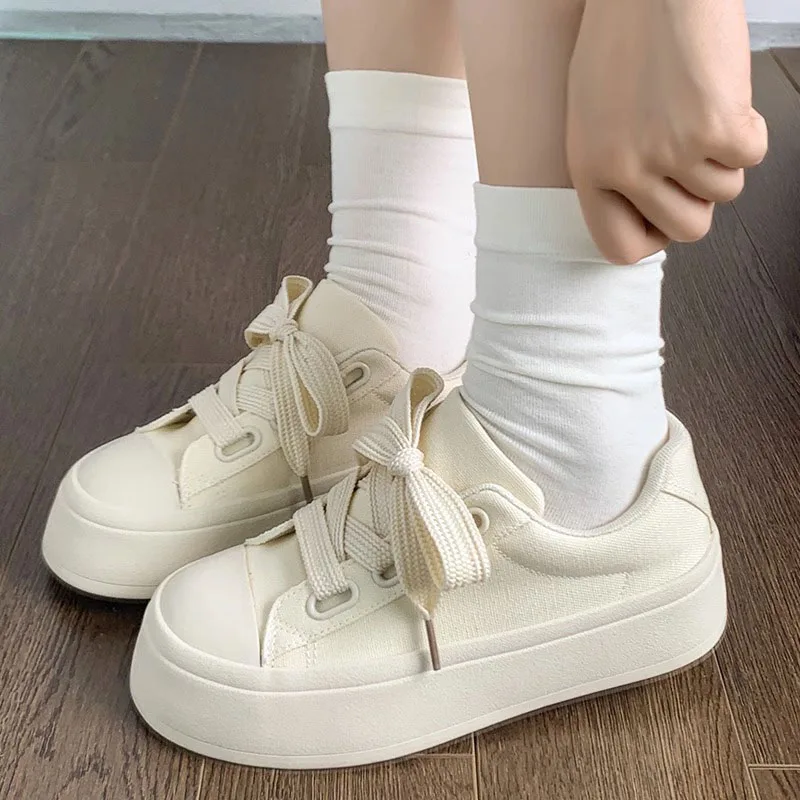 

Women Canvas Shoes Solid Beige Ladies Lace Up Casual Flat Sneakers 2023 Female Breathable Vulcanize Trends Shoe Walk Runing