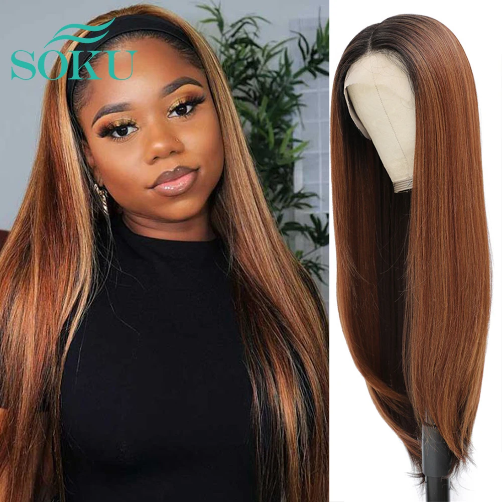 

Ombre Brown Lace Front Wig Synthetic Wigs Long Straight 32 Inch Natural Hairline With Baby Hair Heat Resistant For Black Women