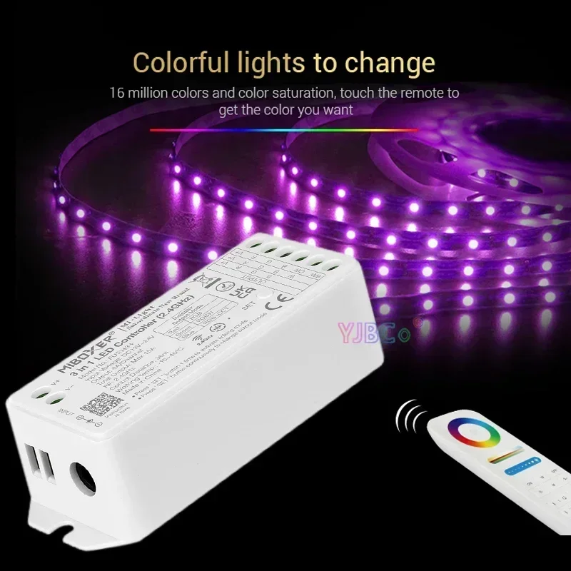 

Miboxer RGB RGBW RGBCCT 3 in 1 LED Strip Controller kit 12V 24V DC Max15A 2.4G RF Remote DMX512 RGB+CCT Dimmer switch set