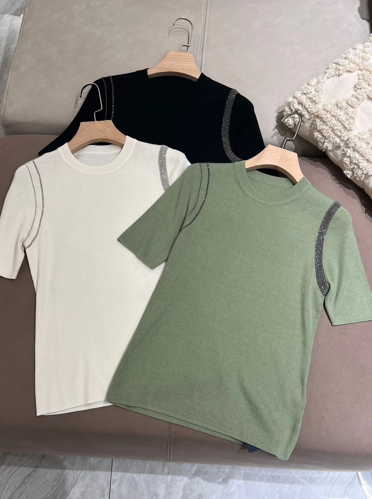

Summer 2024 Women's T-shirt Wool Slik Short-sleeved Top Knitting O-Neck Pullover Tops For Female Clothing B*C