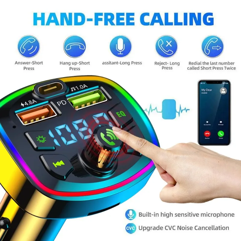 차량용 블루투스 5.0 FM 송신기 듀얼 USB PD 타입 C 고속 충전 핸즈프리 통화 전화 충전기, MP3 플레이어