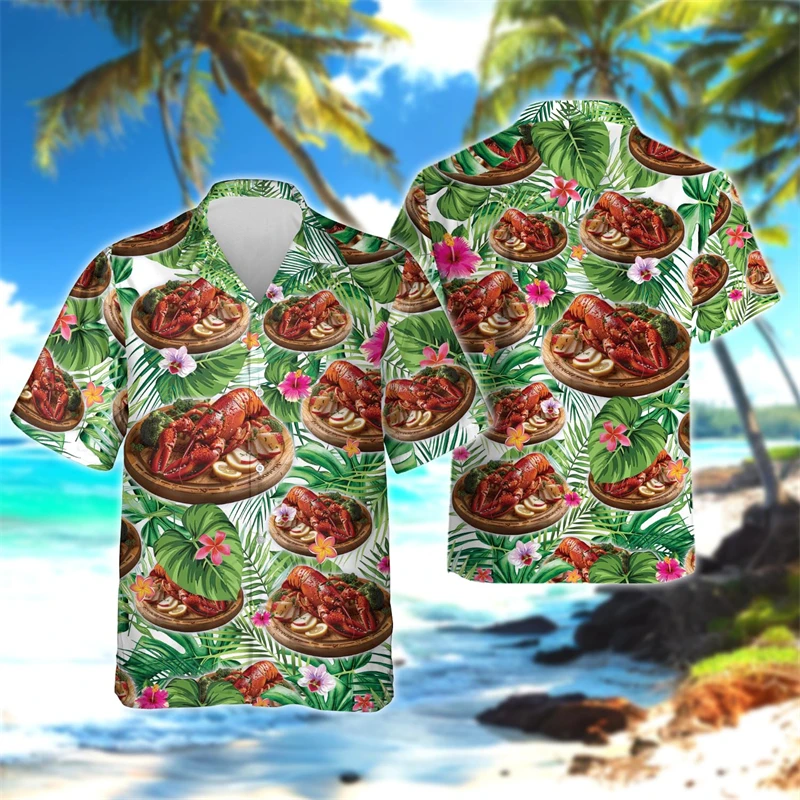 

Fashion Fish Graphic Beach Shirt Casual Saefood Short Sleeve Tuna Crab Lobster Lapel Blouse Hip Hop Vacation Male Shirts For Men