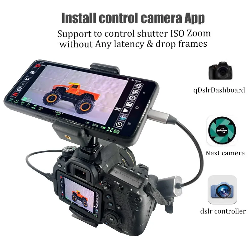 An image of a camera with an external Android Phone Camera Monitor.