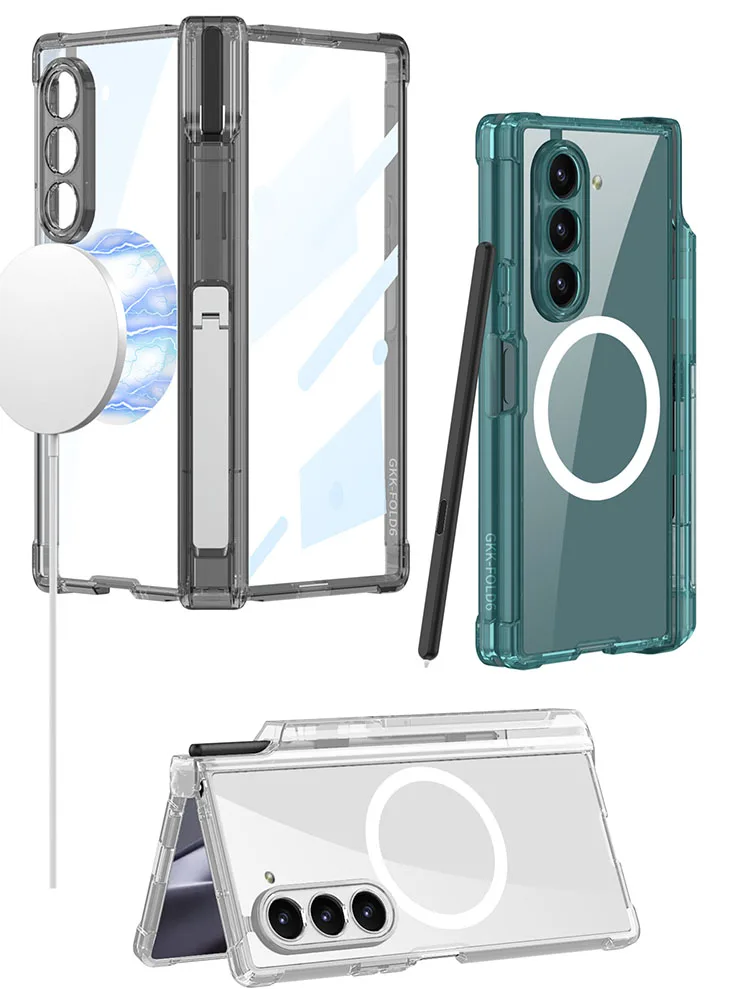 Robuste, stark sturzsichere TPU-Schutzhülle für Samsung Galaxy Z Fold 6, magnetische Aufladung, mit Telefonständer, Glasbildschirmfolie_voghion.com