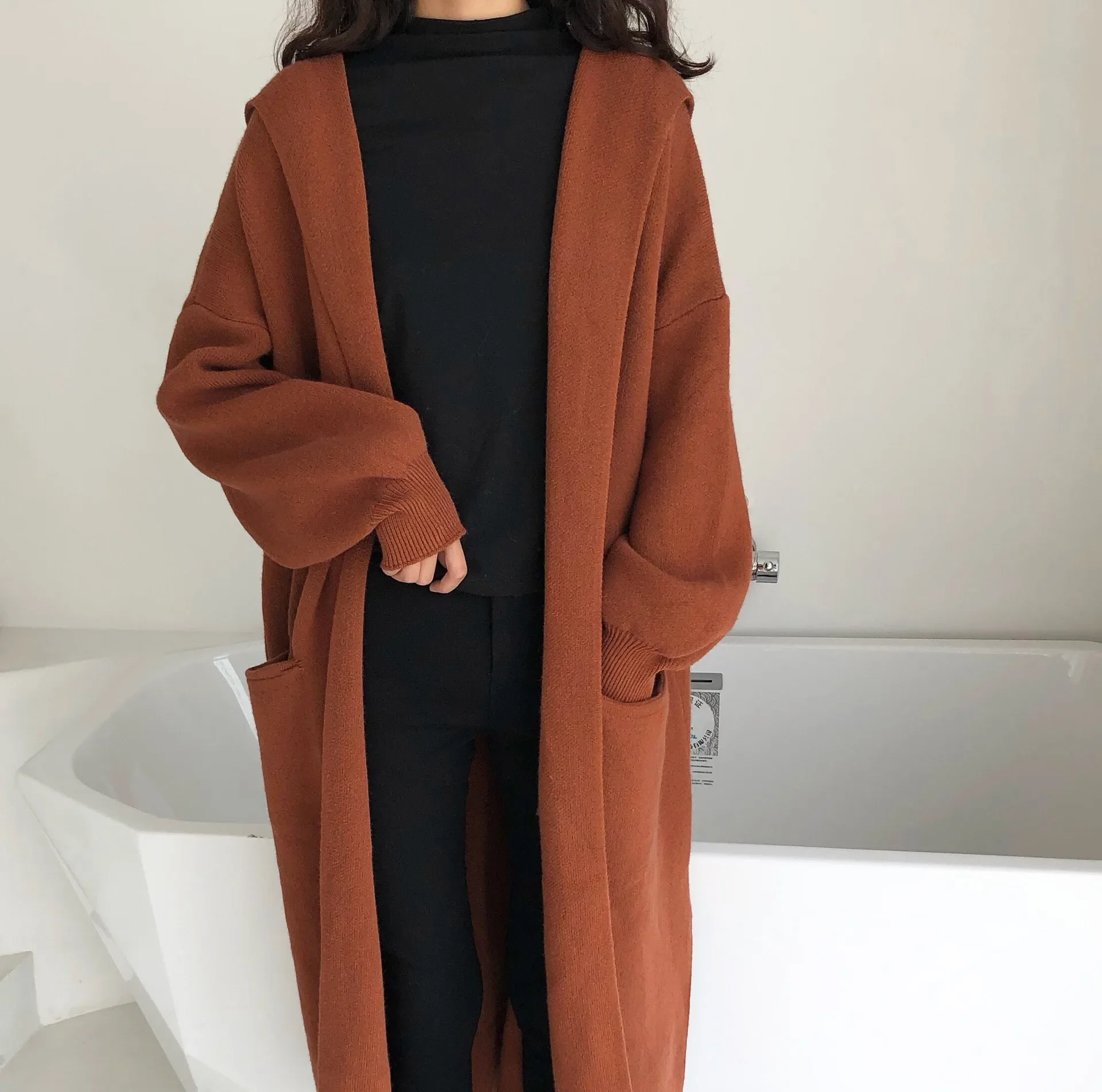 

Cardigan Women's Loose and Lazy Style Outerwear Autumn/Winter Solid Color Fashionable Hooded Knitted Shirt Coat
