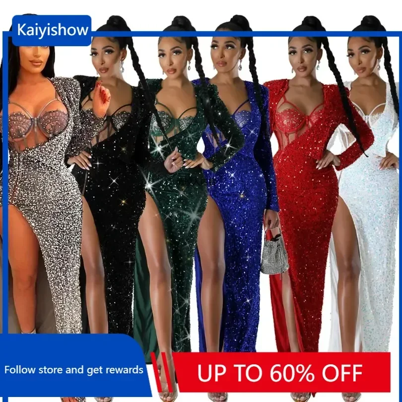 African Party Evening Dresses for Women Spring Summer 2024 Long Sleeve V-neck Sequin Long Dress with Jumpsuit Africa Clothing women s jumpsuit one shoulder one sleeve blazer dress sparkly sequin asymmetrical color block wide leg prom party jumpsuit