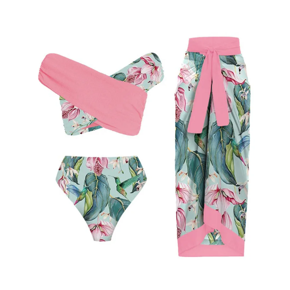 

Fashion Printed Colorblock Bikinis Two Piece Swimsuit and Cover Up V-neck Women Bathing Suit Summer Beachwear High Waist Biquini