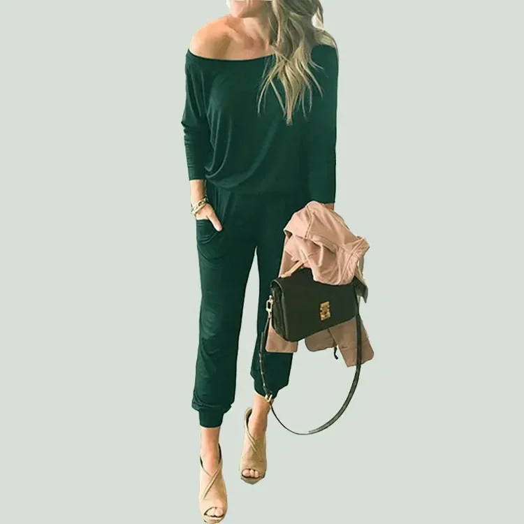 

Solid Off Shoulder Jumpsuit for Women Casual Long Sleeve Lace-up Bodysuit Streetwear Rompers Loose Solid Color Overalls 2023