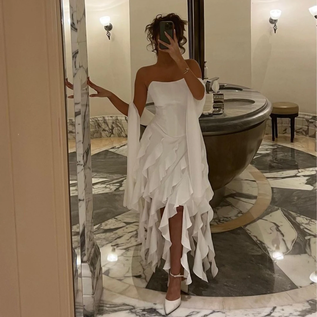 

Santorini Ruffles Asymmetrical Ladies Summer Special Party Prom Dresses Strapless Wrap Robe Des Cocktail Gown Night Club Vestido