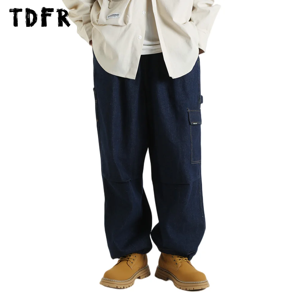 

Pocket Jeans Mens Retro Casual Loose Wide Leg Elastic Waist Drawstring Jogger Denim Pants