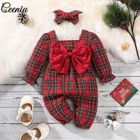 Ceeniu Baby Girls Christmas Romper Big Bows Red Plaid Jumpsuit For Newborns Infants My First New Year Baby Girls Costume