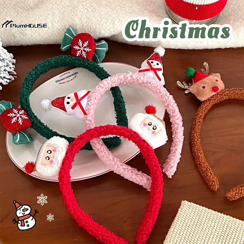 Kawaii Christmas Plush Headband Cute Cartoon Santa Claus Antler Snowman Hair Hoops Christmas Party Hair Accessories Xmas Gifts