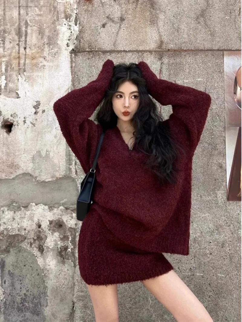 

Korean V-neck Sweater Skirt Two-piece Set Women Fashion Sweet Christmas Temperament Solid New Year Chic Lady Elastic Loose Suit