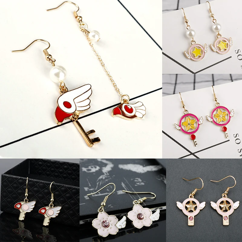 Anime Card Captor Sakura Drop Earrings Key Angel Wing Moon Pearl