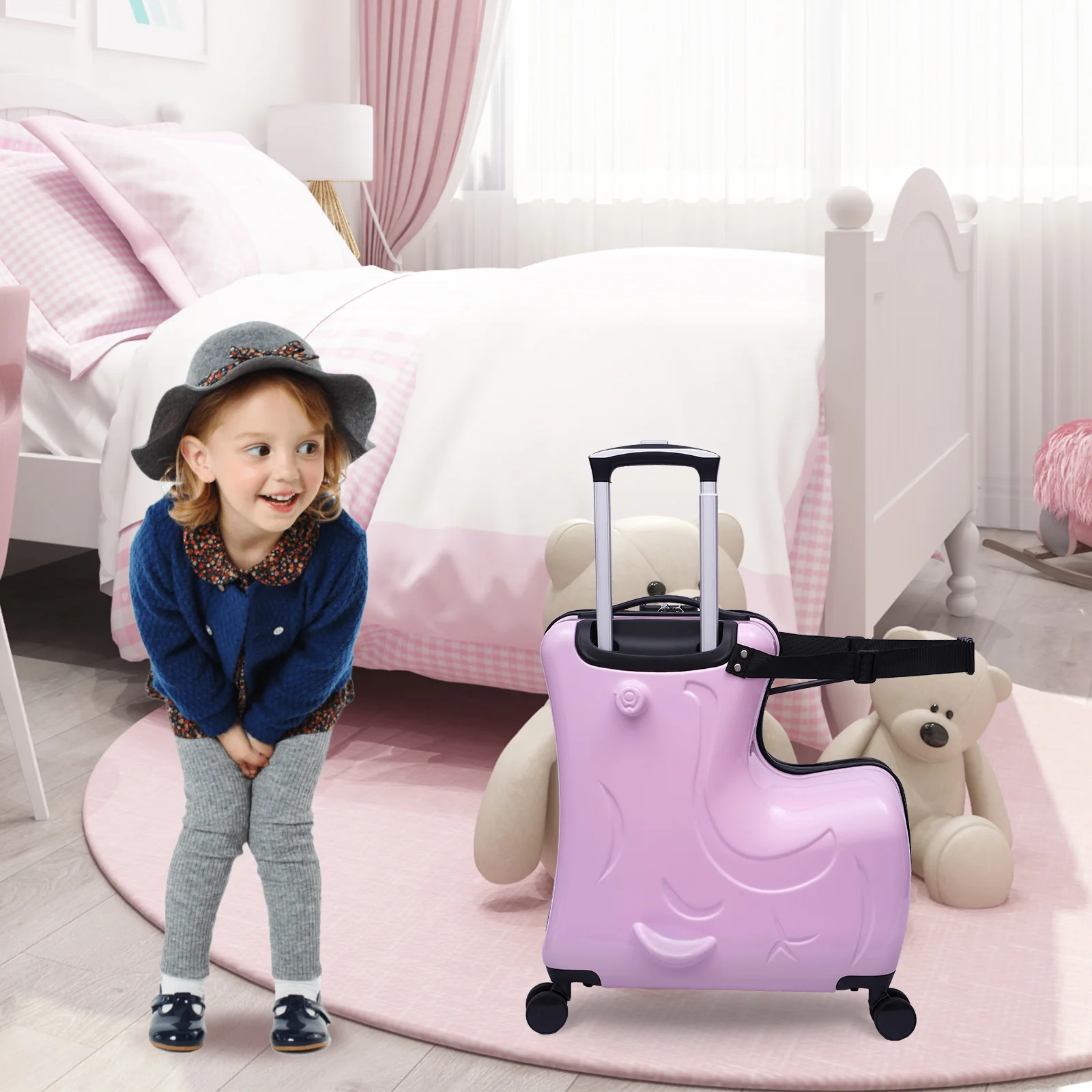 

20" Horse Shaped Luggage Kids Ride-On Roll Suitcase Luggage Bags Wheeled Trolley Luggage (Blue/Pink)