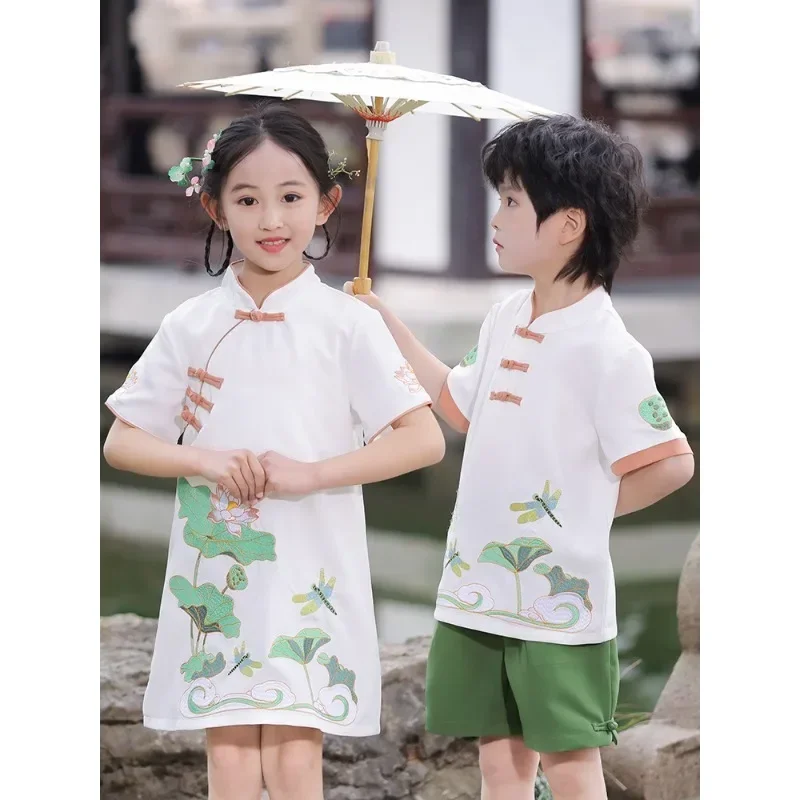 Summer Cute Lotus Dragonfly Tang Suit Cheongsam Boys Girls Twins Chinese Style Chorus Performance Clothing Online Chinese Store