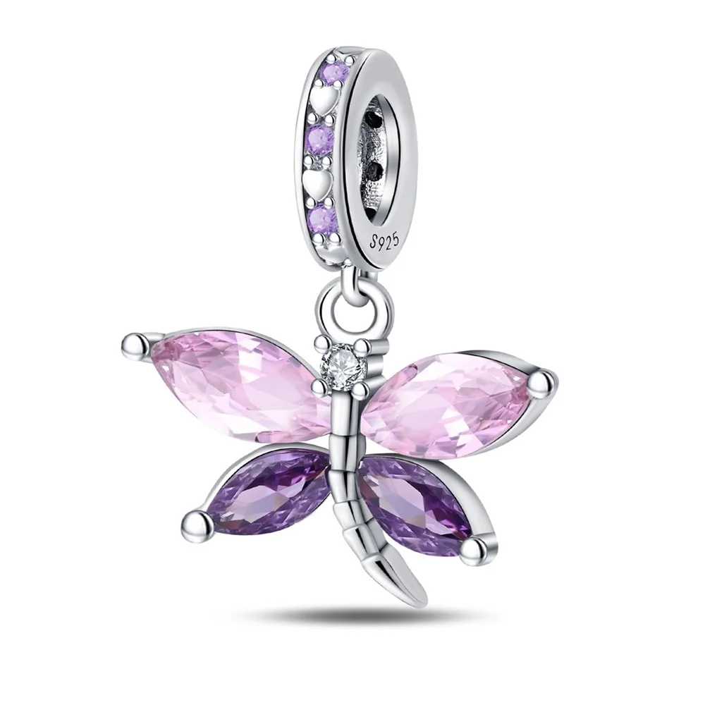 

Exquisite 925 Sterling Silver Double Purple Dragonfly Charm Fit Pandora Bracelet Women's Spring Lawn Wedding Jewelry Accessories