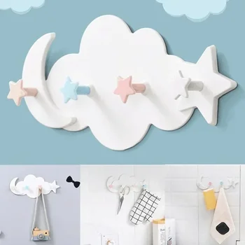 Creative Cute Star Moon Cloud Shape Nail-free Wall Clothes Hooks Kids Room Decorative Key Hanging Hanger Kitchen Storage Hook